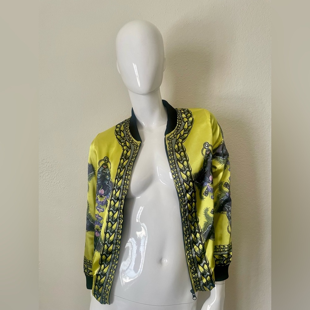 Highlighter Yellow Satin Bomber Jacket with Jaguar Mirrored Print Detail